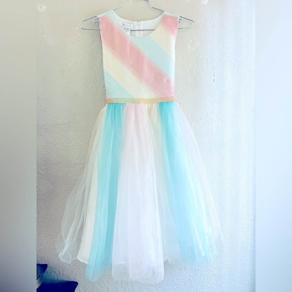 Bonnie Jean Girls Sz 16 pink Ombré Bodice Flowing Multi Colored Tulle Dress Long